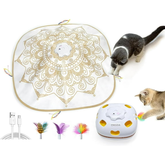 ORSDA Cat Toys Rechargeable, 4in 1 Interactive Kitten Toy for Indoor Cats, Automatic Hide and Seek Self Play Cat Feather Wand Toy with Smart Sensing, Whack a Mole, Chase Feather for All Breeds