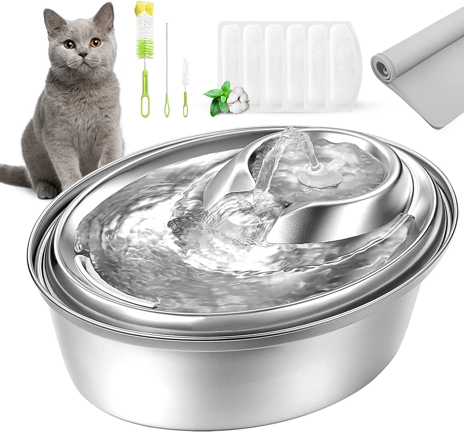 ORSDA Cat Water Fountain Stainless Steel, Pet Fountain Dog Water Dispenser,  Ultra-Quiet Automatic Cat Drinking Fountains with 6 Replacement Filters & 1  Silicone Mat for Cats, Small Dogs 67oz Fountain+1 Silicone Mat