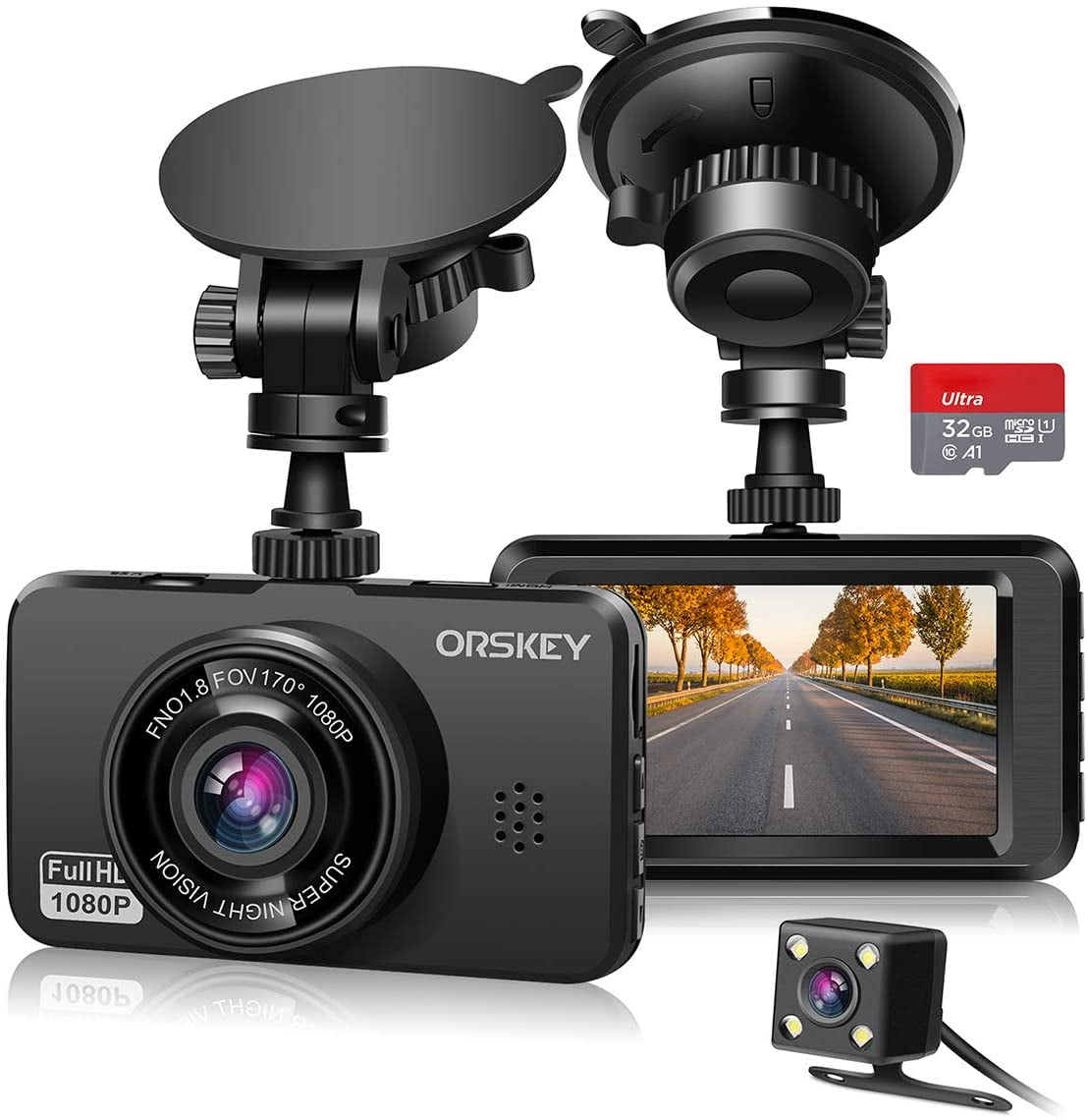 ORSKEY Dash Cam for Cars Front and Rear and SD Card Included 1080P Full HD  In Car Camera Dual Lens Dashcam for Cars 170 Wide Angle Sony Sensor with  Loop Recording and