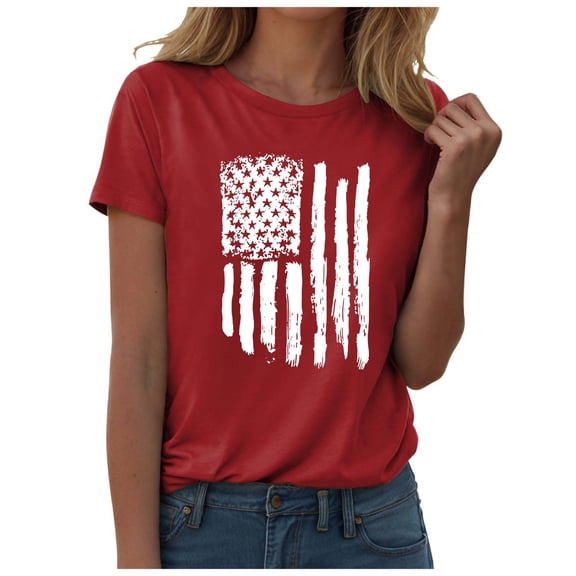 ORT 4th of July Shirts Women American Flag T Shirts Star Stripes Patriotic Shirts Top Funny Glass Graphic Tees(Z4-Red,S)