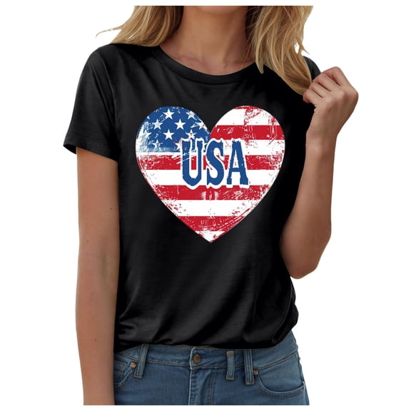 ORT 4th of July Shirts Women American Flag T Shirts USA Flag Stars Stripes Graphic Short Sleeve Casual Tops(Z3-Black,S)