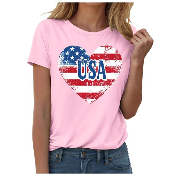 ORT 4th of July Shirts Women American Flag T Shirts USA Flag Stars Stripes Graphic Short Sleeve Casual Tops(Z3-Pink,XL)