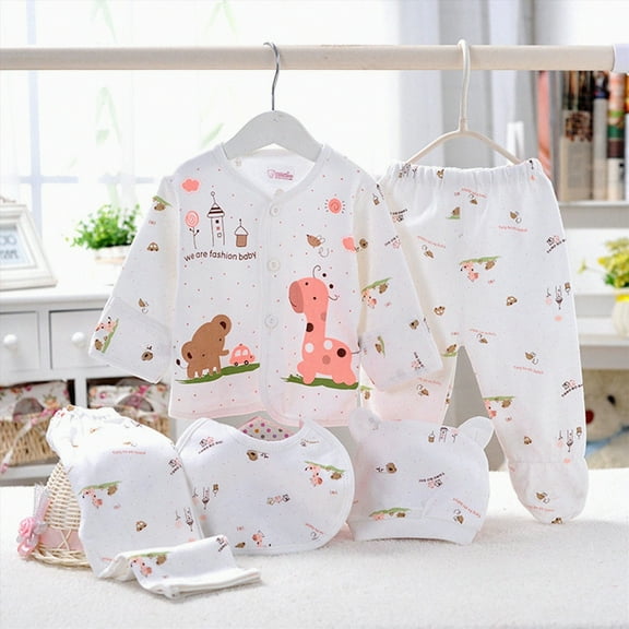 ORT 5PCS Newborn 0-3M Boys Girls Baby Cotton Clothes Tops Hat Pants Suit Outfit Sets(A01-A,0-3 Months)