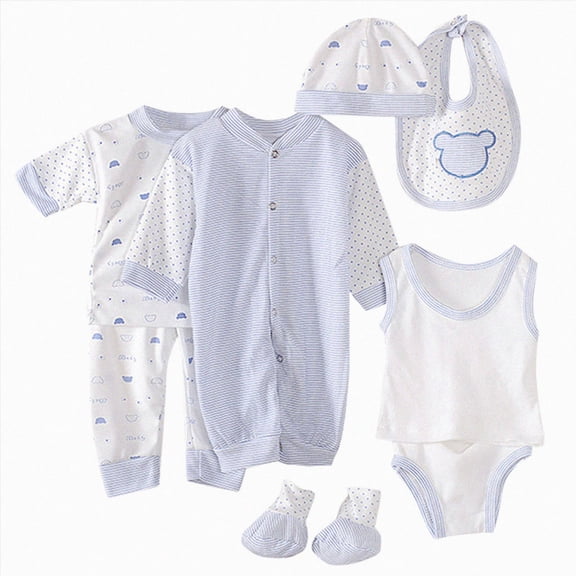 ORT 8PCS Clothes Baby Gifts sets Shose+Romper Tops+Hat+Pants +Bib+Sock Girls Outfits(D03-Light blue,0-3 Months)