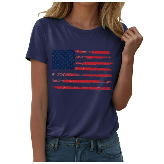 ORT American Flag Patriotic T-Shirt Women 4th of July Tshirt Graphic Tees Casual Short Sleeve Tee Top(Z2-Navy,S)