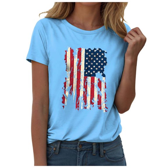 ORT American Flag Shirt Women Patriotic T-Shirt 4th of July Independence Day T Shirts Star Stripes Patriotic Shirts Top(Z3-Sky Blue,M)