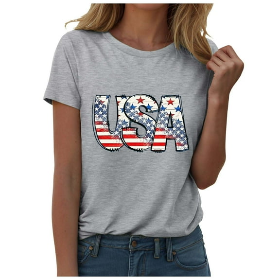 ORT American Flag Shirts Short Sleeve Women 4th of July Patriotic Tshirt Graphic Tees Casual Short Sleeve Tee Top(Z2-Grey,S)