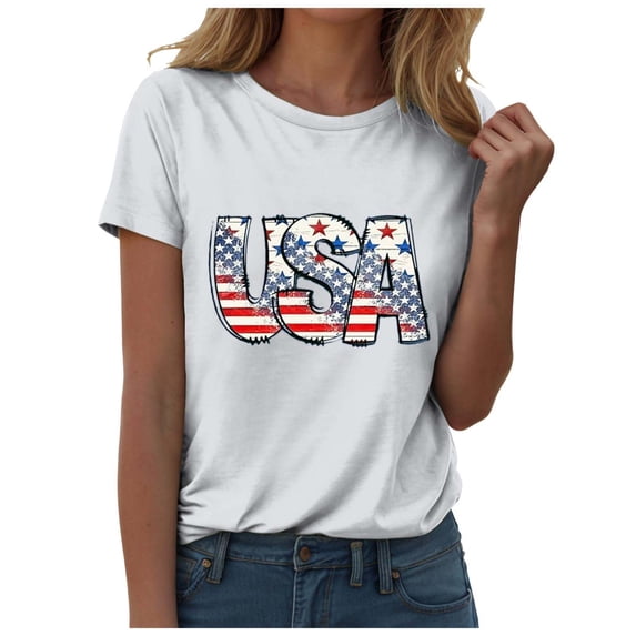 ORT American Flag Shirts Short Sleeve Women 4th of July Patriotic Tshirt Graphic Tees Casual Short Sleeve Tee Top(Z2-White,L)