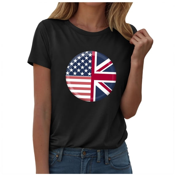 ORT American Flag T Shirt Patriotic Shirts Women 4th of July Tee Tops Crewneck Summer T-Shirt(Z3-Black,S)