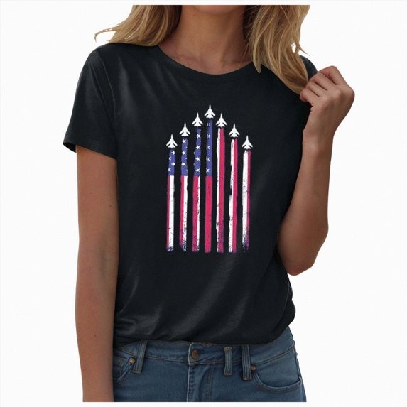 ORT American Flag T Shirt Women 4th of July Shirt Patriotic T-Shirt American Flag Short Sleeve Tops(Z12-Black,L)
