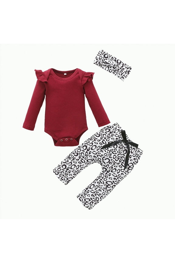 Baby Girl Clothes 3 6 9 12 Months Outfits Long Sleeve Knitted Romper & Daisy Pants Fall Winter 3Pcs Clothes Sets(Wine,0-3 M)