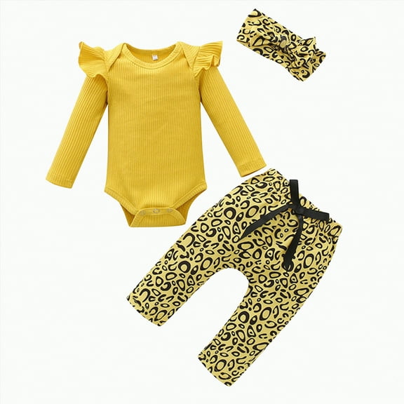 ORT Baby Girl Clothes 3 6 9 12 Months Outfits Long Sleeve Knitted Romper & Daisy Pants Fall Winter 3Pcs Clothes Sets(Yellow,6-9 M)