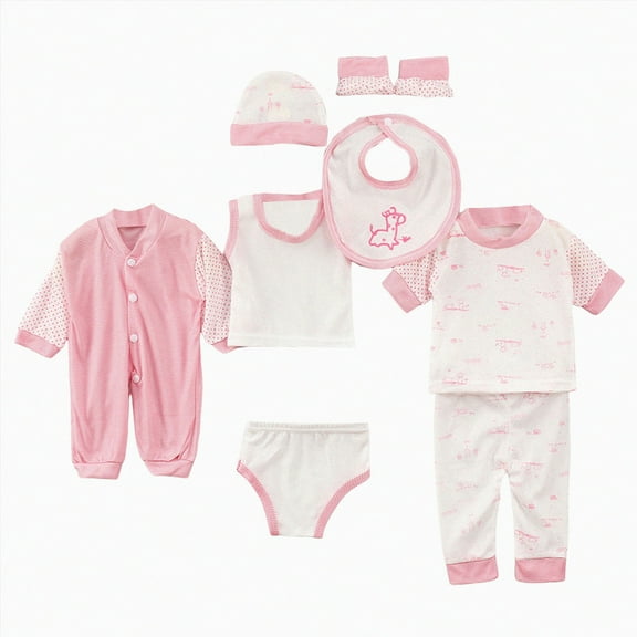 ORT Baby Girl Clothes Set  Bib Sock Set Tops Hat Pants Girl Baby 8Pcs Outfits Boy Shoes Romper Girls Outfits Set(D02-Pink,0-3 Months)