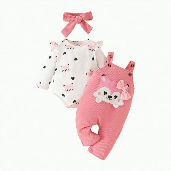 ORT Baby Girl Fall Winter Clothes Long Sleeve Romper + Bow Print Pants + Headband Set 3pcs Newborn Infant Girl Outfits(Pink,3-6 M)