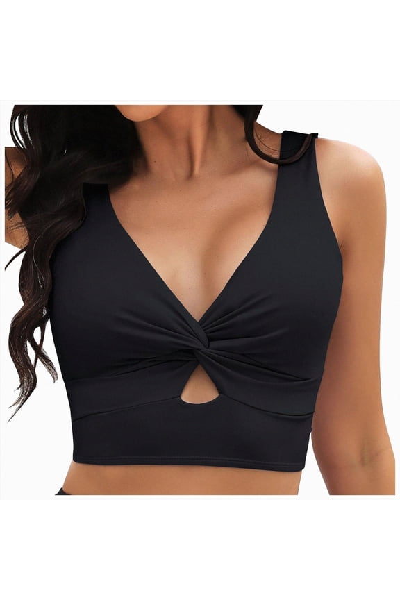Bikini Tops for Women Tankini Tops Cropped Knot Twist Cut Out Adjustable Swimsuit Top Beach Bathing Suit Top Only(Black,XL)