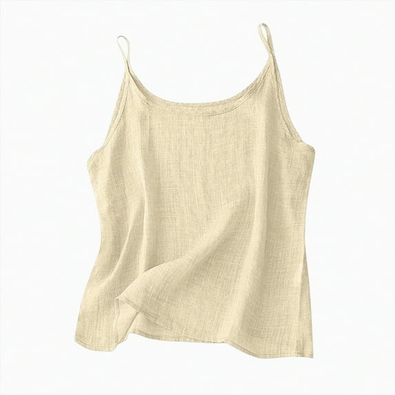 ORT Cotton Linen Camisole Tops Women Spaghetti Strap Loose Fit Tank Top Cami Summer Casual Sleeveless Shirts Blouse(Beige,S)
