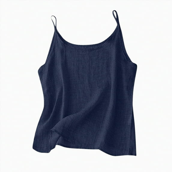 ORT Cotton Linen Camisole Tops Women Spaghetti Strap Loose Fit Tank Top Cami Summer Casual Sleeveless Shirts Blouse(Navy,XXL)