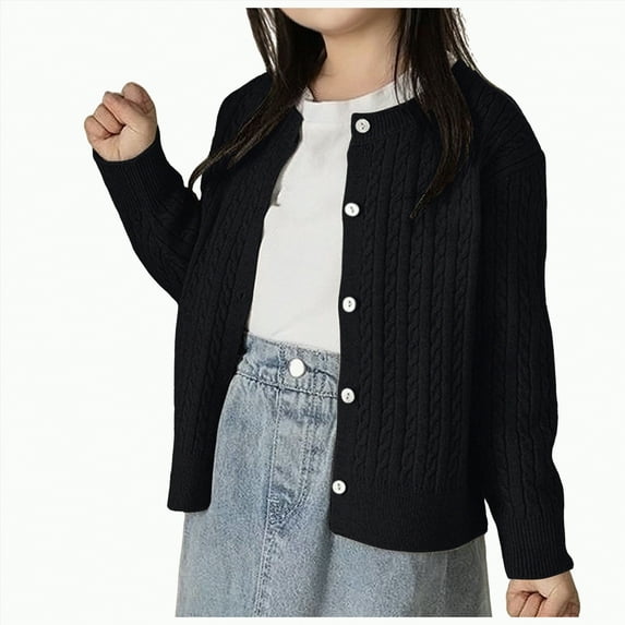 ORT Girls' Cardigans Sweater School Uniforms Cotton Long Sleeve Lightweight Outerwear(Black,140)