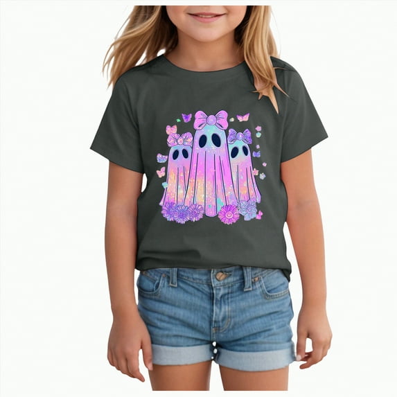 ORT Halloween Shirts for Boy Girl Pumpkin Print T-Shirt Kids Short Sleeve Spooky Season Outfit Holiday Tee Tops(Grey,6-7 Y)