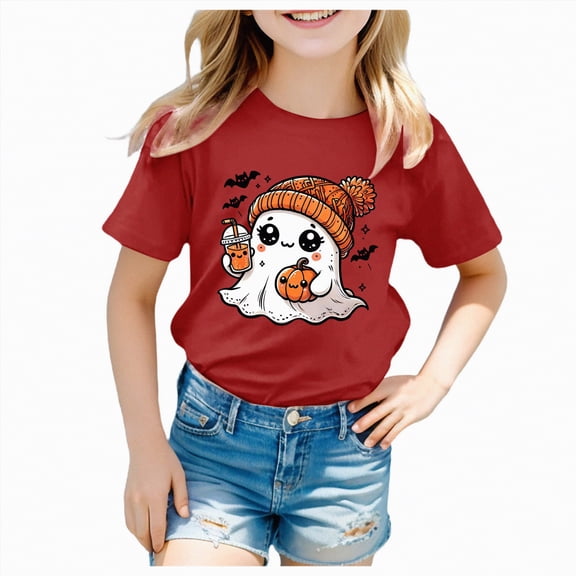 ORT Halloween Shirts for Boy Girl Pumpkin Print T-Shirt Kids Short Sleeve Spooky Season Outfit Holiday Tee Tops(Red,12-13 Y)