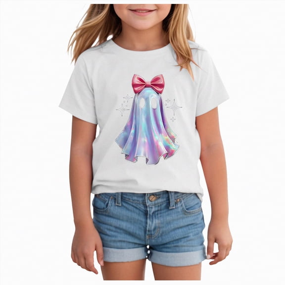 ORT Halloween Shirts for Boy Girl Pumpkin Print T-Shirt Kids Short Sleeve Spooky Season Outfit Holiday Tee Tops(White,4-5 Y)
