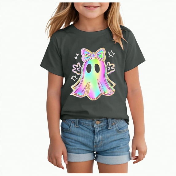 ORT Halloween Shirts for Toddler Baby Boys Girls Spooky Season T-Shirt Kids Cute Ghost Graphic Tees Short Sleeve Tops(Grey,8-9 Y)