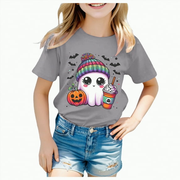 ORT Halloween T-Shirt for Girls Retro Spooky Cotton Short Sleeve Tee(Grey,4-5 Y)