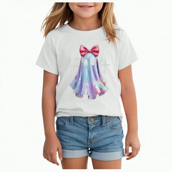 ORT Halloween T-Shirts for Kid Girl Boy Fun Ghost Read Books Graphic Shirts Spooky Tees Short Sleeve Tops Fall Outfits(White,2-3 Y)