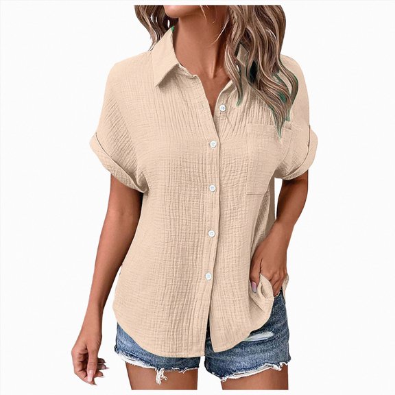 ORT Linen Shirts for Women Button up Shirts Casual Short Sleeve Collared Work Blouse with Pocket(Beige,XL)