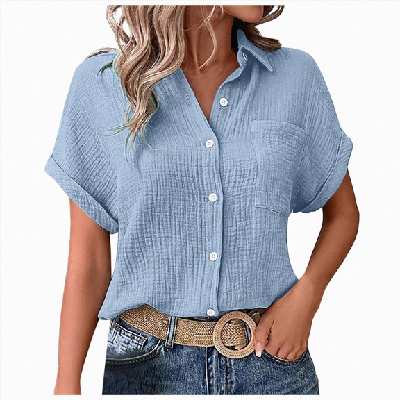 ORT Linen Shirts for Women Button up Shirts Casual Short Sleeve Collared Work Blouse with Pocket(Light Blue,M)