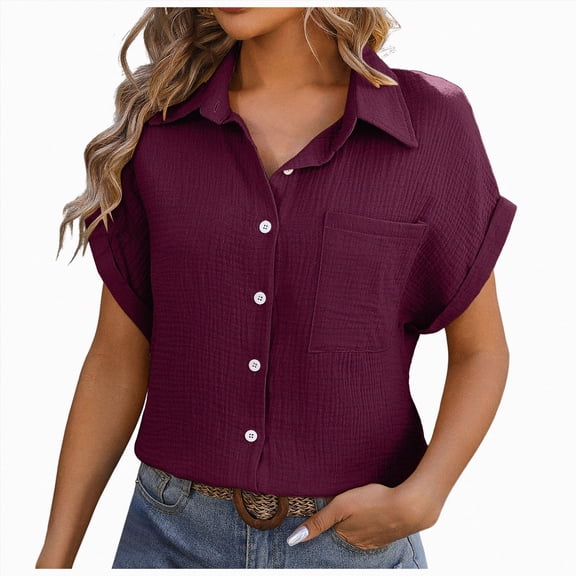 ORT Linen Shirts for Women Button up Shirts Casual Short Sleeve Collared Work Blouse with Pocket(,XL)