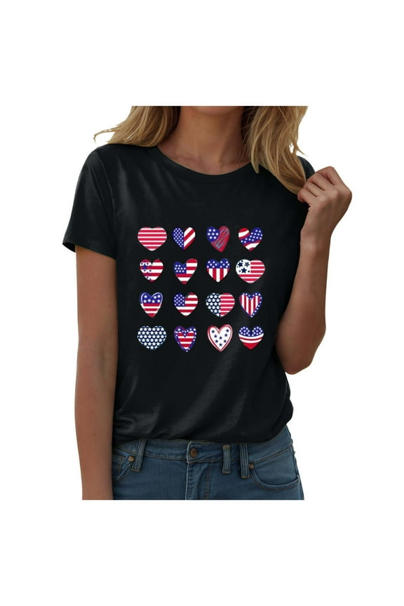 Patriotic Shirts for Women 4th of July Gift Shirt USA Flag Stars Stripes Graphic Short Sleeve Casual Tops(Black,S)