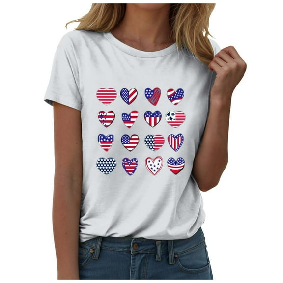 ORT Patriotic Shirts for Women 4th of July Gift Shirt USA Flag Stars Stripes Graphic Short Sleeve Casual Tops(White,M)
