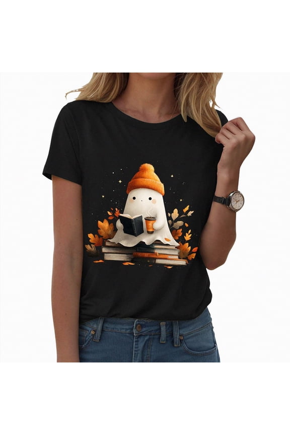 Spooky Season Shirt Ghost Halloween Shirts for Women Funny Pumpkin Tee Tops Short Sleeve Halloween Party Shirts(Black,XL)