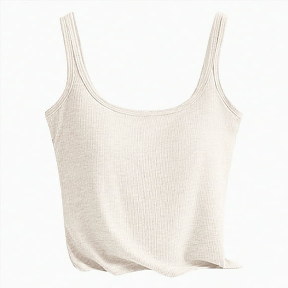 ORT Tops for Women Built in Bra Plus Size Scoop Neck Cotton Spaghetti Strap Tank Top Casual Basic Cami Tank Tops(Beige,M)