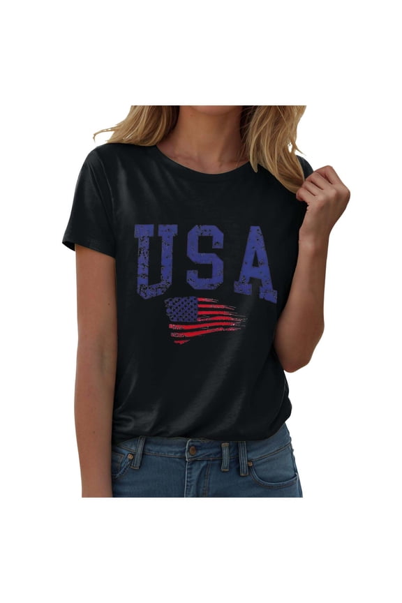 Women American Flag Shirts USA Flag Stars Stripes Graphic Blouse Patriotic Shirt Casual Short Sleeve Tee Top(Black,S)
