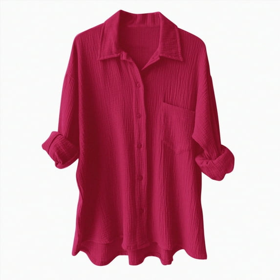 ORT Women Linen Shirts Button up Cotton Short Sleeve Dress Shirt Textured Collared Summer Work Blouse(Z1-Hot Pink,3XL)