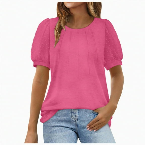ORT Women's Summer Short Sleeve Shirts Trendy T-Shirts Dressy Round Neck Loose Fit Tee Blouse Tops(Hot Pink,L)