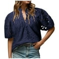 thumbnail image 1 of ORT Women's Summer Tops Dressy Casual Short Sleeve V Neck Buttons Hollow Out Lace Embroidered Blouses Shirts(Z2-Navy,S), 1 of 8