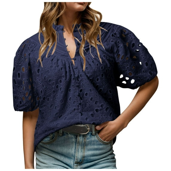 ORT Women's Summer Tops Dressy Casual Short Sleeve V Neck Buttons Hollow Out Lace Embroidered Blouses Shirts(Z2-Navy,XXL)