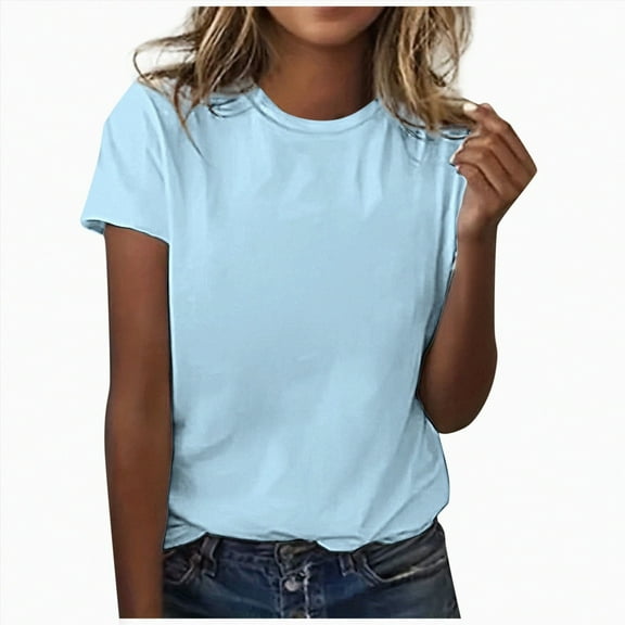 ORT Women's T Shirts Short Sleeve Solid Color Tops Casual Summer Fashion Tees(Light Blue,L)