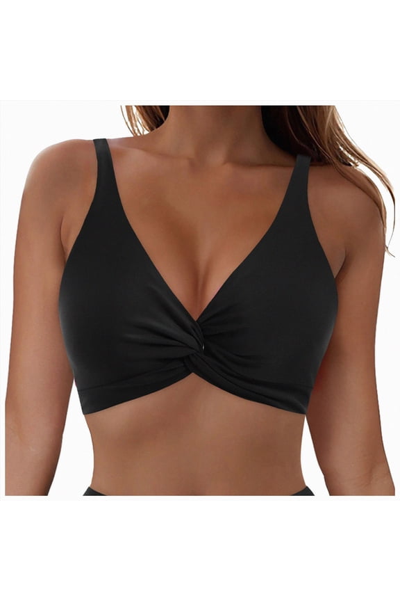 Women's Twist Front Bikini Top V Neck Padded Swimsuit Top Adjustable Spaghetti Straps Bathing Suit Tops(Black,L)