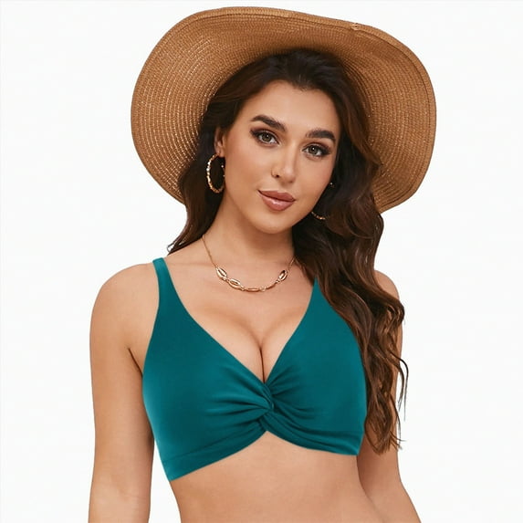 ORT Women's Twist Front Bikini Top V Neck Padded Swimsuit Top Adjustable Spaghetti Straps Bathing Suit Tops(Dark Green,S)