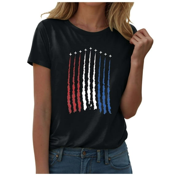 ORT Womens American Flag Shirt July 4th T-Shirt Graphic Tees Casual Short Sleeve Tee Top(Z1-Black,L)