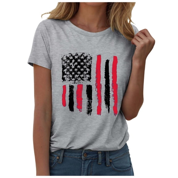 ORT Womens American Flag T Shirt Patriotic Shirts 4th of July Gift Shirt USA Flag Stars Stripes Graphic Short Sleeve Casual Tops(Z1-Grey,S)
