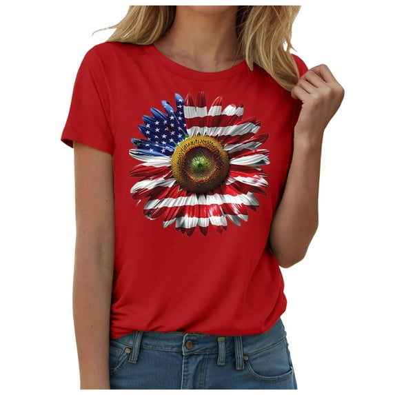 ORT Womens American Flag T Shirt Patriotic Shirts Short Sleeve Patriotic Shirt 4th of July Tee Tops Crewneck Summer T-Shirt(Z2-Red,XL)