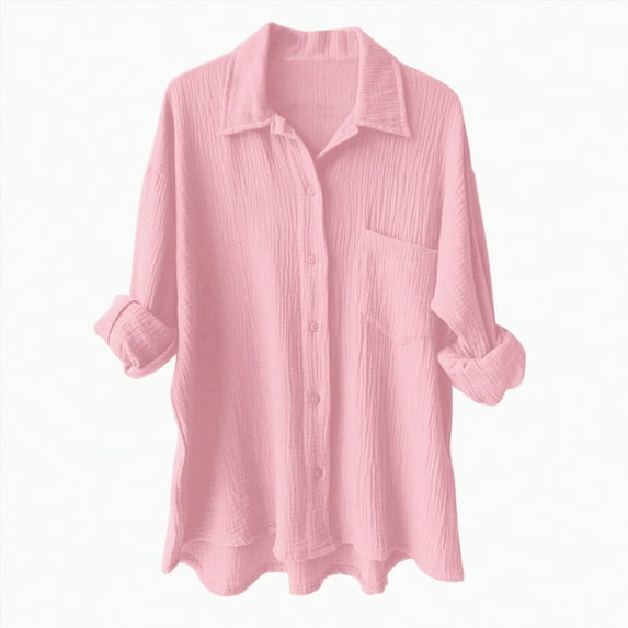 ORT Womens Button up Linen Shirt Casual Short Sleeve Shirts Summer Fashion Cotton Linen Shirt Top Blouses with Pocket(Z1-Pink,3XL)