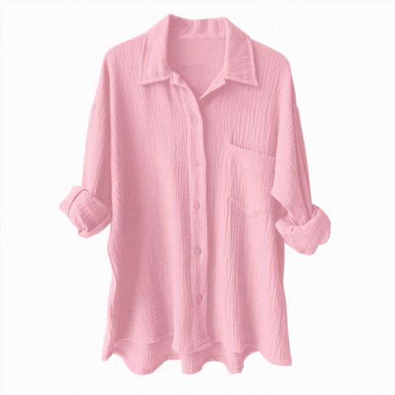 ORT Womens Button up Linen Shirt Casual Short Sleeve Shirts Summer Fashion Cotton Linen Shirt Top Blouses with Pocket(Z1-Pink,L)