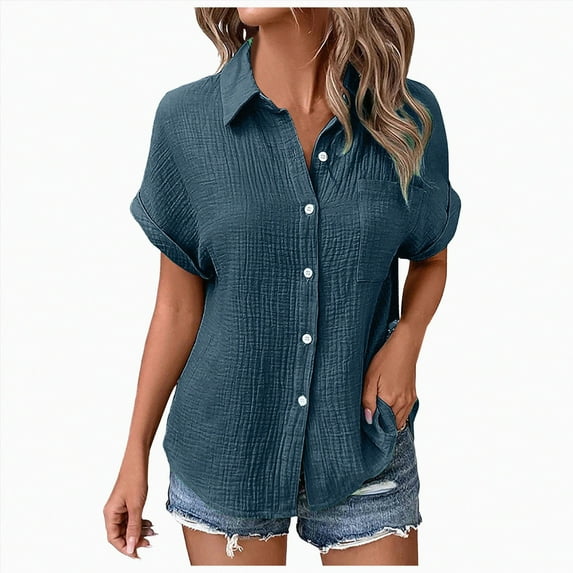 ORT Womens Button up Linen Shirt Short Sleeve Shirts Summer Fashion Cotton Linen Shirt Top Blouses with Pocket(Navy,M)