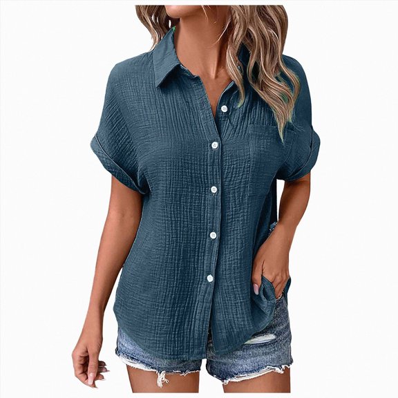 ORT Womens Button up Linen Shirt Short Sleeve Shirts Summer Fashion Cotton Linen Shirt Top Blouses with Pocket(Navy,XL)